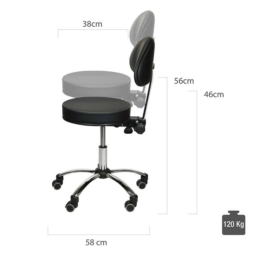 Tabouret met Rugleuning op Wielen – Zwart – In Hoogte Verstelbaar