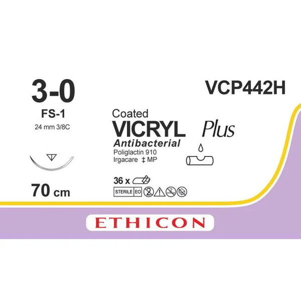 Vicryl Plus hechtdraad ongekleurd 3-0, FS-1 naald, 70 cm, VCP442H, 36 stuks